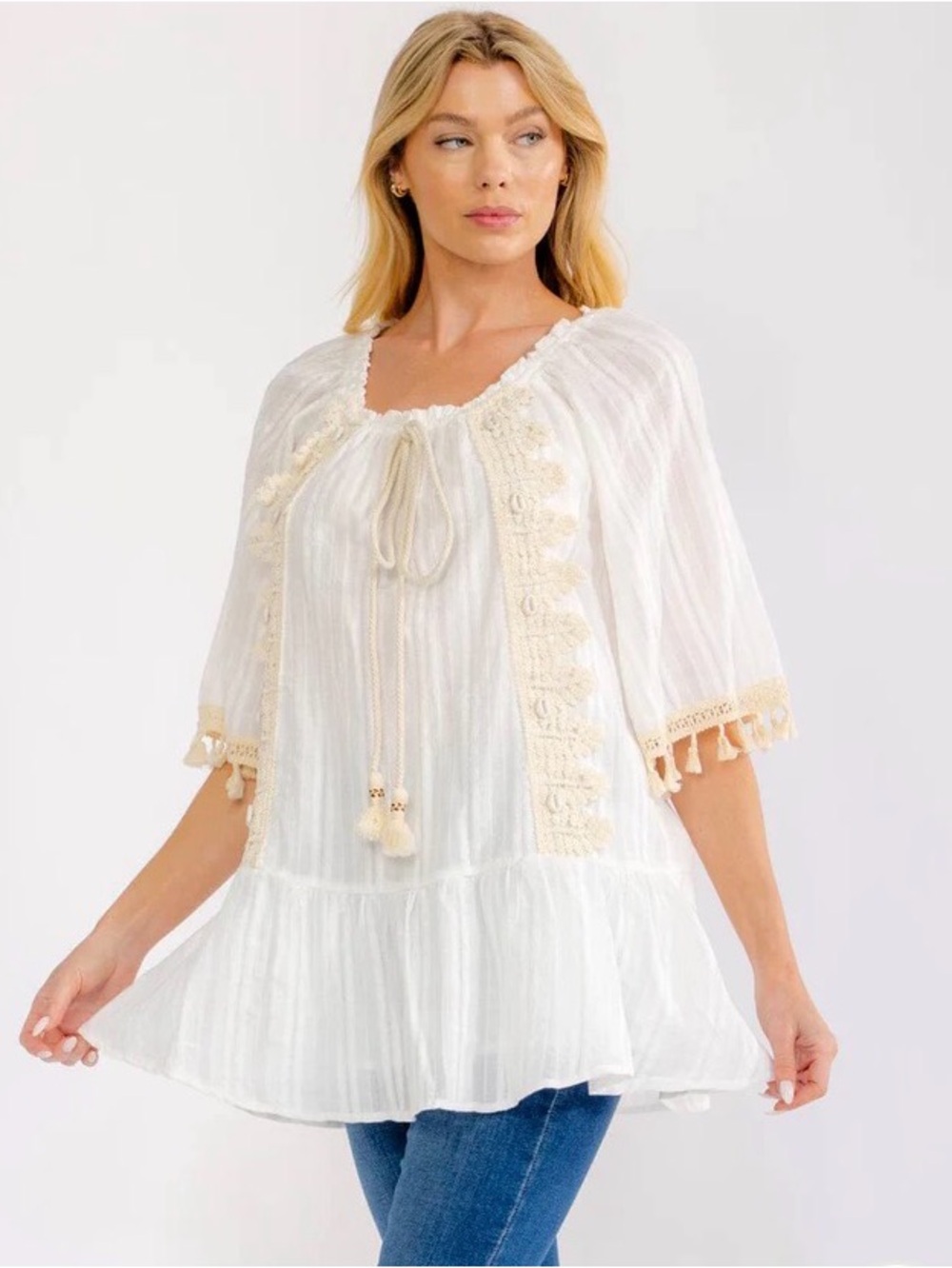 0281.  Boho Peasant Tie-Neck Tunic Top - White